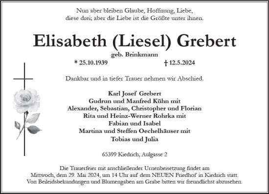 Traueranzeige von Elisabeth  Grebert von Rheingau Kurier