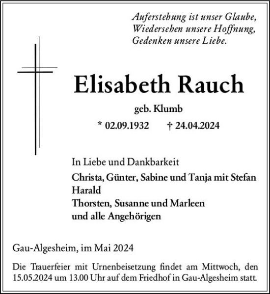 Traueranzeige von Elisabeth Rauch von Allgemeine Zeitung Bingen/Ingelheim