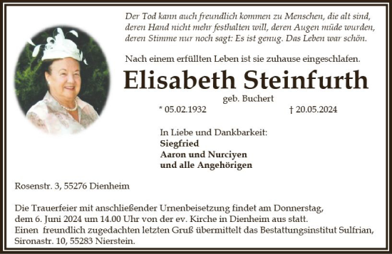 Traueranzeige von Elisabeth Steinfurth von Allgemeine Zeitung Mainz