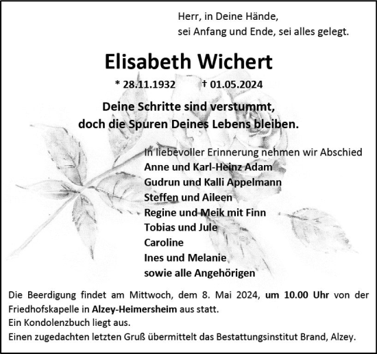 Traueranzeige von Elisabeth Wichert von Allgemeine Zeitung Alzey