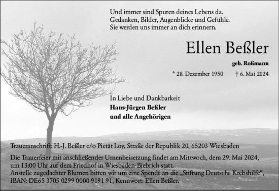 Traueranzeige von Ellen Beßler von Wiesbadener Kurier
