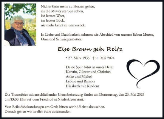 Traueranzeige von Else Braun von Wetzlarer Neue Zeitung