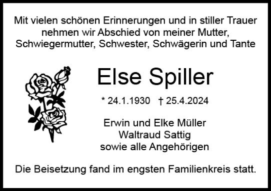 Traueranzeige von Else Spiller von Dieburger Anzeiger/Groß-Zimmerner Lokal-Anzeiger