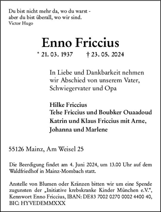 Traueranzeige von Enno Friccius von Allgemeine Zeitung Mainz