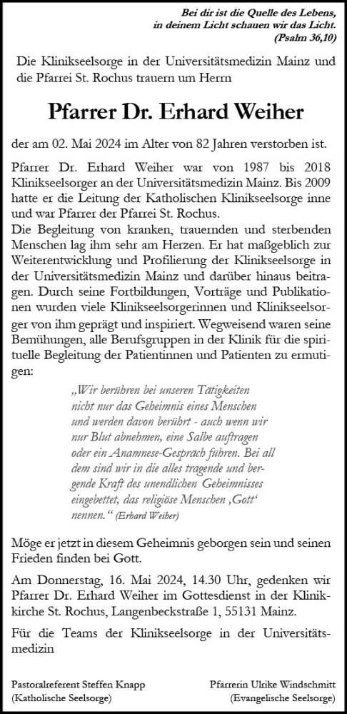 Traueranzeige von Erhard Weiher von Allgemeine Zeitung Mainz