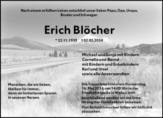 Traueranzeige von Erich Blöcher von Hinterländer Anzeiger