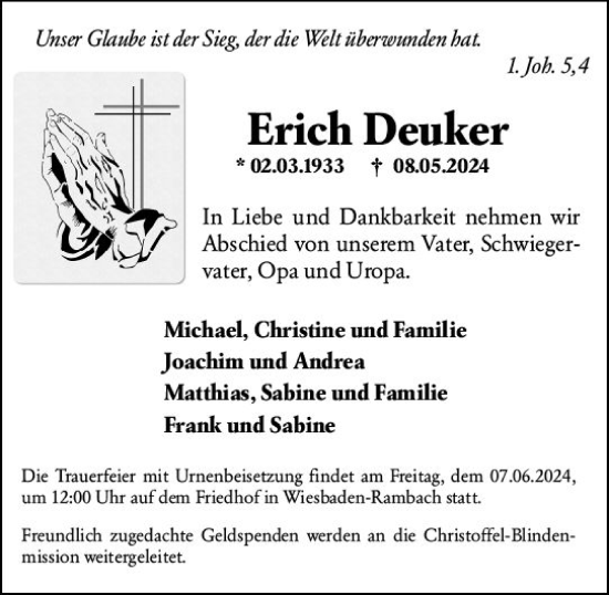 Traueranzeige von Erich Deuker von Wiesbadener Kurier