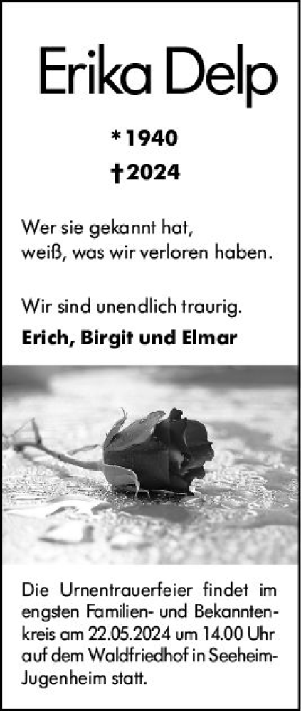 Traueranzeige von Erika Delp von Darmstädter Echo