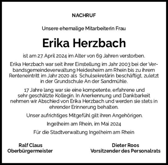 Traueranzeige von Erika Herzbach von Allgemeine Zeitung Bingen/Ingelheim