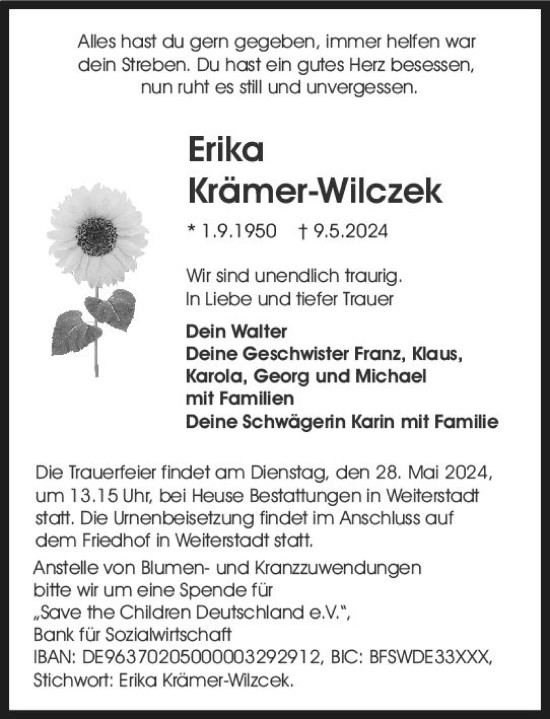 Traueranzeige von Erika Krämer-Wilczek von Allgemeine Zeitung Mainz