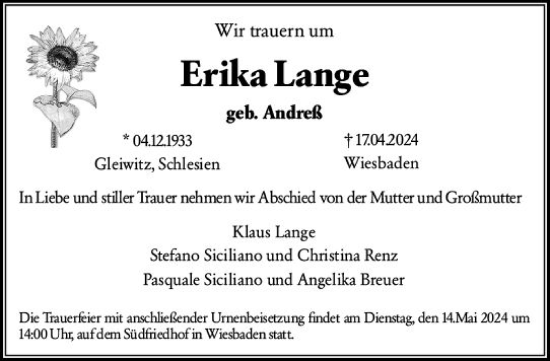 Traueranzeige von Erika Lange von Wiesbadener Kurier