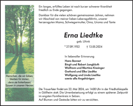 Traueranzeige von Erna Liedtke von Allgemeine Zeitung Mainz