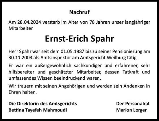 Traueranzeige von Ernst-Erich Spahr von Weilburger Tageblatt