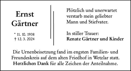 Traueranzeige von Ernst Gärtner von Wetzlarer Neue Zeitung