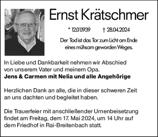 Traueranzeige von Ernst Krätschmer von Odenwälder Echo