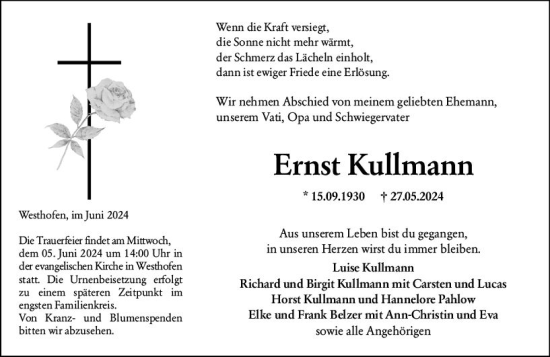 Traueranzeige von Ernst Kullmann von Wormser Zeitung