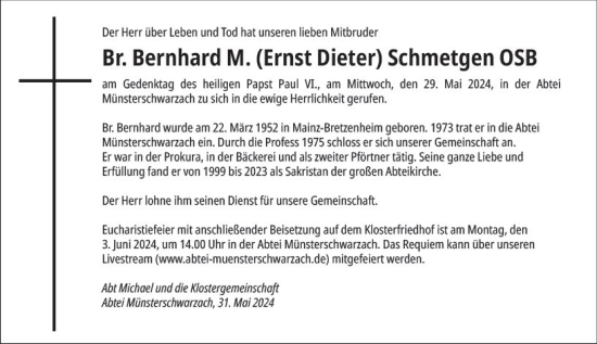 Traueranzeige von Ernst Dieter Schmetgen von Allgemeine Zeitung Mainz