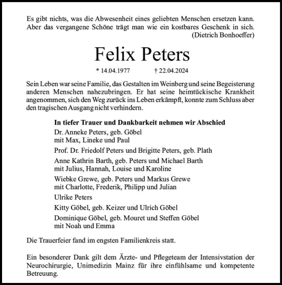 Traueranzeige von Felix Peters von Allgemeine Zeitung Mainz