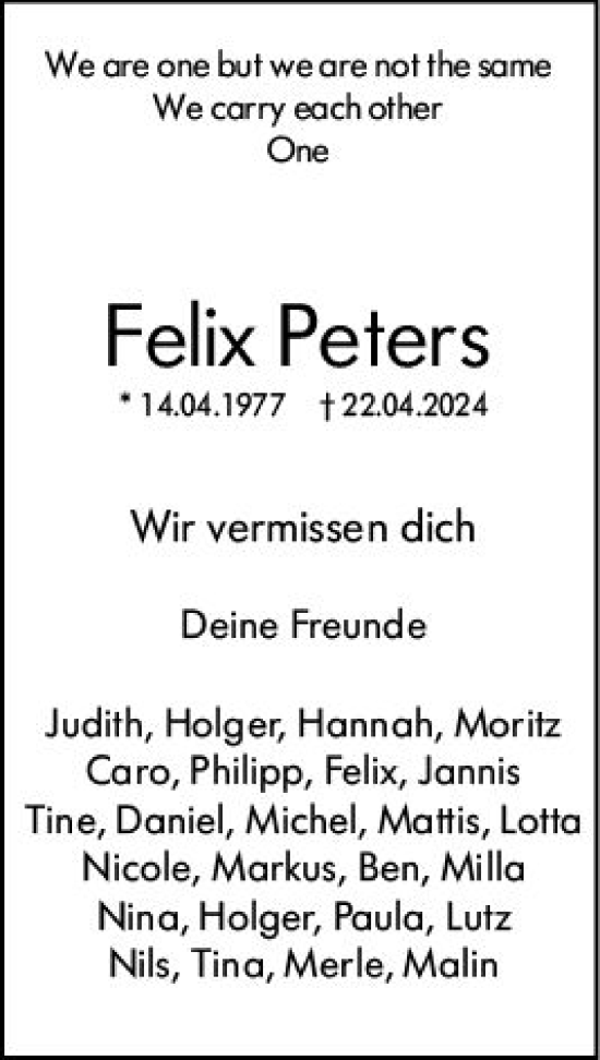Traueranzeige von Felix Peters von Allgemeine Zeitung Mainz