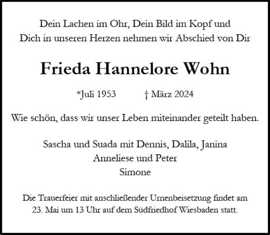 Traueranzeige von Frieda Hannelore Wohn von Wiesbadener Kurier