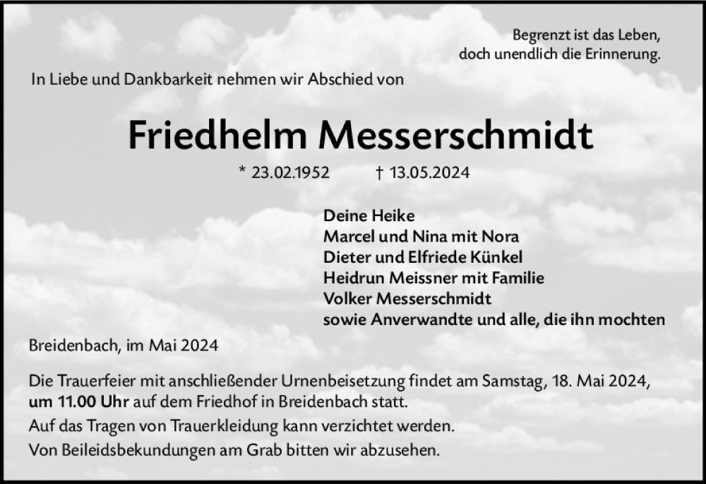  Traueranzeige für Friedhelm Messerschmidt vom 15.05.2024 aus Hinterländer Anzeiger