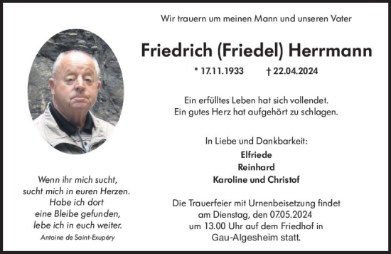 Traueranzeige von Friedrich Herrmann von Allgemeine Zeitung Bingen/Ingelheim