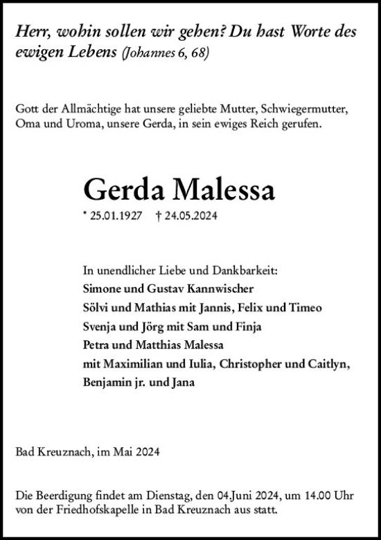 Traueranzeige von Gerda Malessa von Allgemeine Zeitung Bad Kreuznach