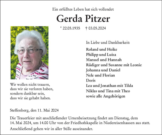 Traueranzeige von Gerda Pitzer von Hinterländer Anzeiger