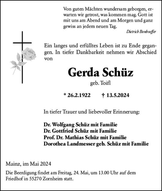 Traueranzeige von Gerda Schüz von Allgemeine Zeitung Mainz