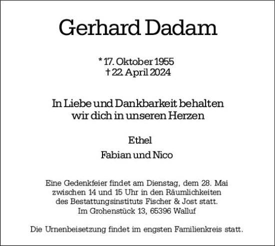 Traueranzeige von Gerhard Dadam von Wiesbadener Kurier