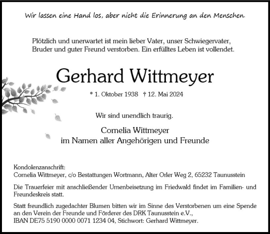 Traueranzeige von Gerhard Wittmeyer von Wiesbadener Kurier