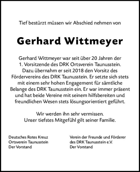 Traueranzeige von Gerhard Wittmeyer von Wiesbadener Kurier