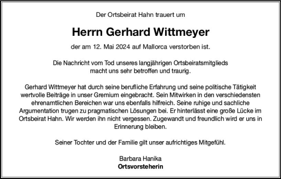 Traueranzeige von Gerhard Wittmeyer von Idsteiner Land/Untertaunus