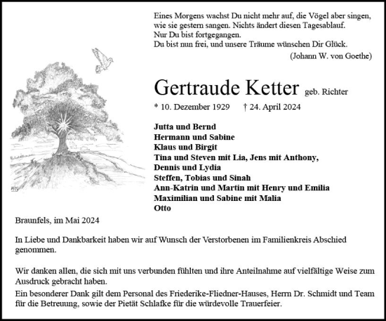 Traueranzeige von Gertraude Ketter von Wetzlarer Neue Zeitung