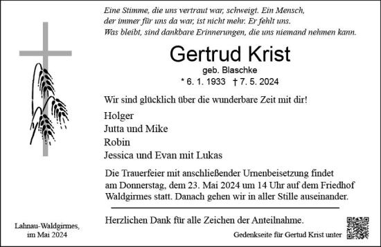 Traueranzeige von Gertrud Krist von Wetzlarer Neue Zeitung