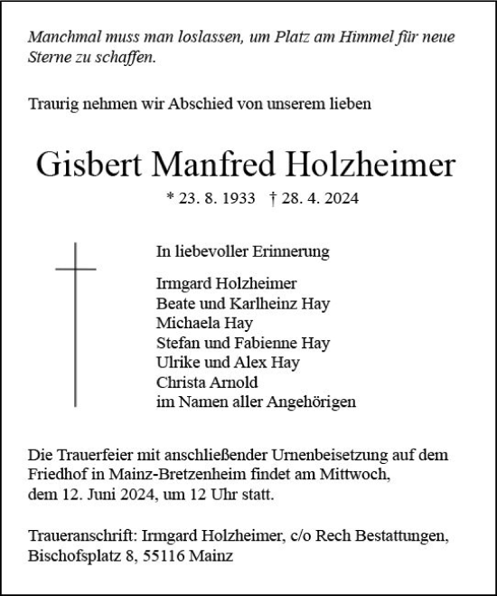 Traueranzeige von Gisbert Manfred Holzheimer von Allgemeine Zeitung Mainz