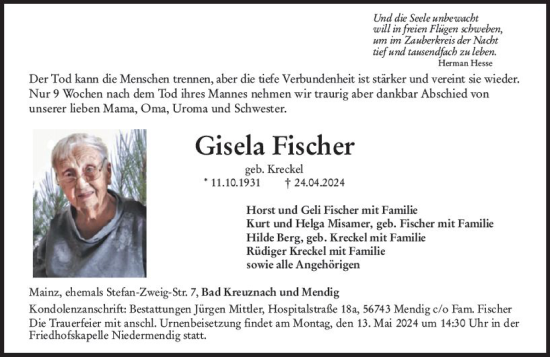 Traueranzeige von Gisela Fischer von Allgemeine Zeitung Mainz