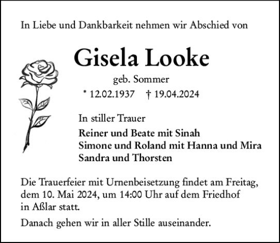 Traueranzeige von Gisela Looke von Wetzlarer Neue Zeitung