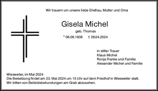 Traueranzeige von Gisela Michel von Rheinhessisches Wochenblatt