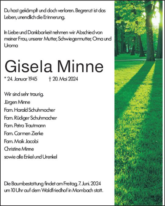 Traueranzeige von Gisela Minne von Allgemeine Zeitung Mainz