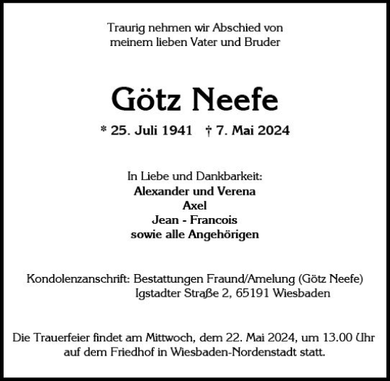 Traueranzeige von Götz Neefe von Wiesbadener Kurier