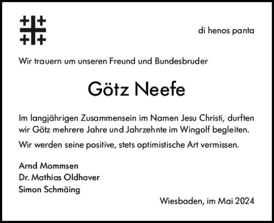 Traueranzeige von Götz Neefe von Wiesbadener Kurier
