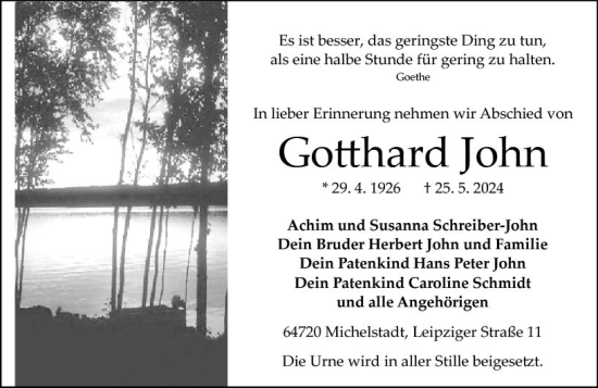 Traueranzeige von Gotthard John von Odenwälder Echo