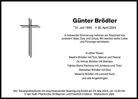 Traueranzeige von Günter Brödler von Allgemeine Zeitung Mainz