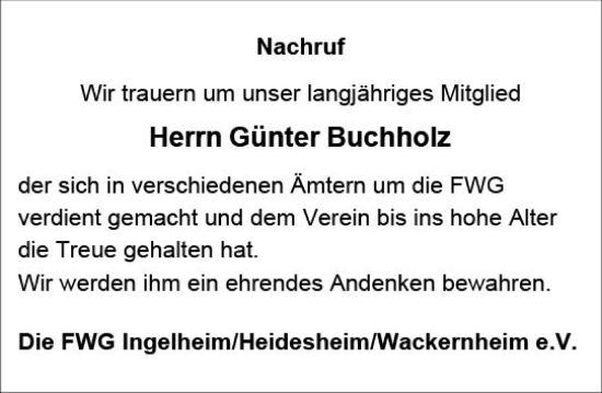 Traueranzeige von Günter Buchholz von Allgemeine Zeitung Bingen/Ingelheim