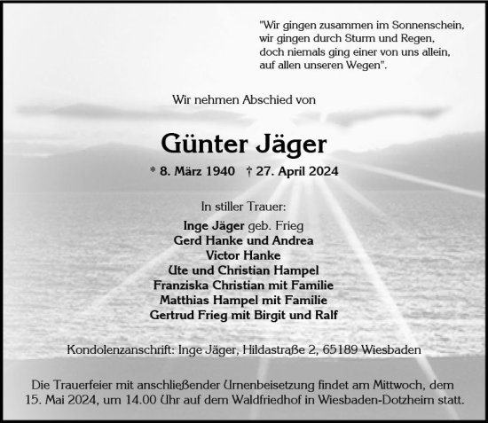 Traueranzeige von Günter Jäger von Wiesbadener Kurier