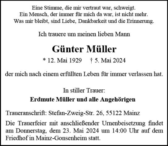 Traueranzeige von Günter Müller von Allgemeine Zeitung Mainz