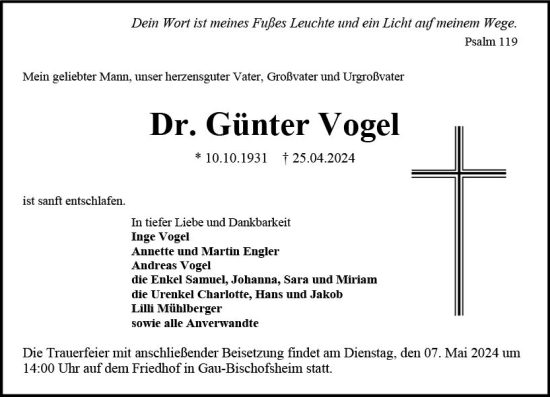 Traueranzeige von Günter Vogel von Allgemeine Zeitung Mainz