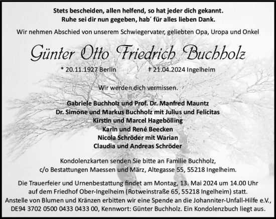 Traueranzeige von Günter Otto Friedrich Buchholz von Allgemeine Zeitung Bingen/Ingelheim