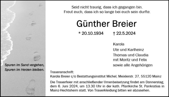 Traueranzeige von Günther Breier von Allgemeine Zeitung Mainz